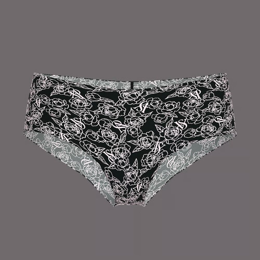 NEW! Victoria Secret No-Show Cheeky Panty - Black Sketch Floral Print NWT - Sz M